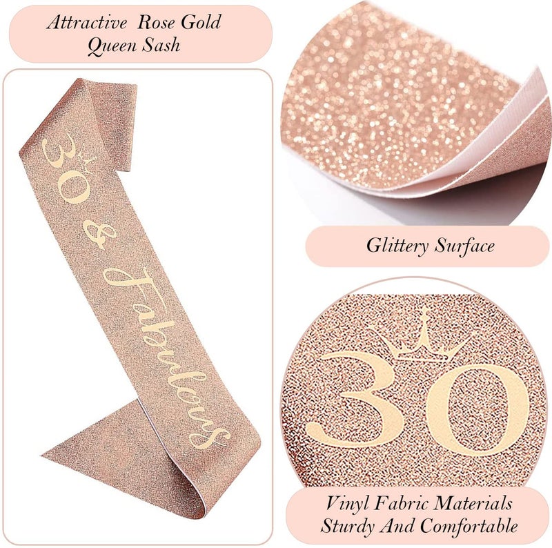 Awfrky 8pcs 30th Birthday Gifts Decorations for Her  Including 30th Happy Birthday Cake Toppers  Birthday Queen Sash with Pearl Pin  Sweet Rhinestone Tiara Crown  Number Candles and Balloons Set  Rose Gold - Image 4
